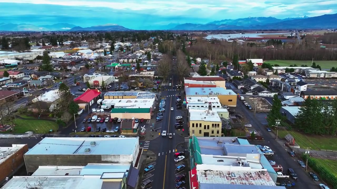 Aerial view of a small-town American downtown
