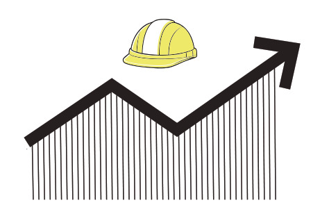 Illustration of a rising productivity line over bar shading, topped by a hard hat